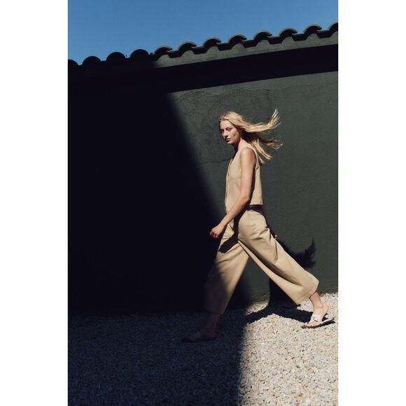 Khaki Brown Zara Lightweight Cropped Wide-Leg Pants (NWT) - Picture 5 of 8